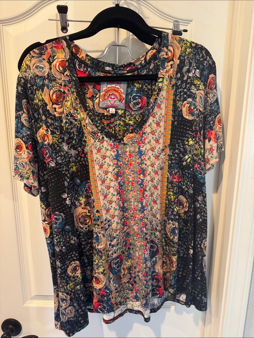 Johnny Was Floral Patchwork V-Neck Tee - Multicolor